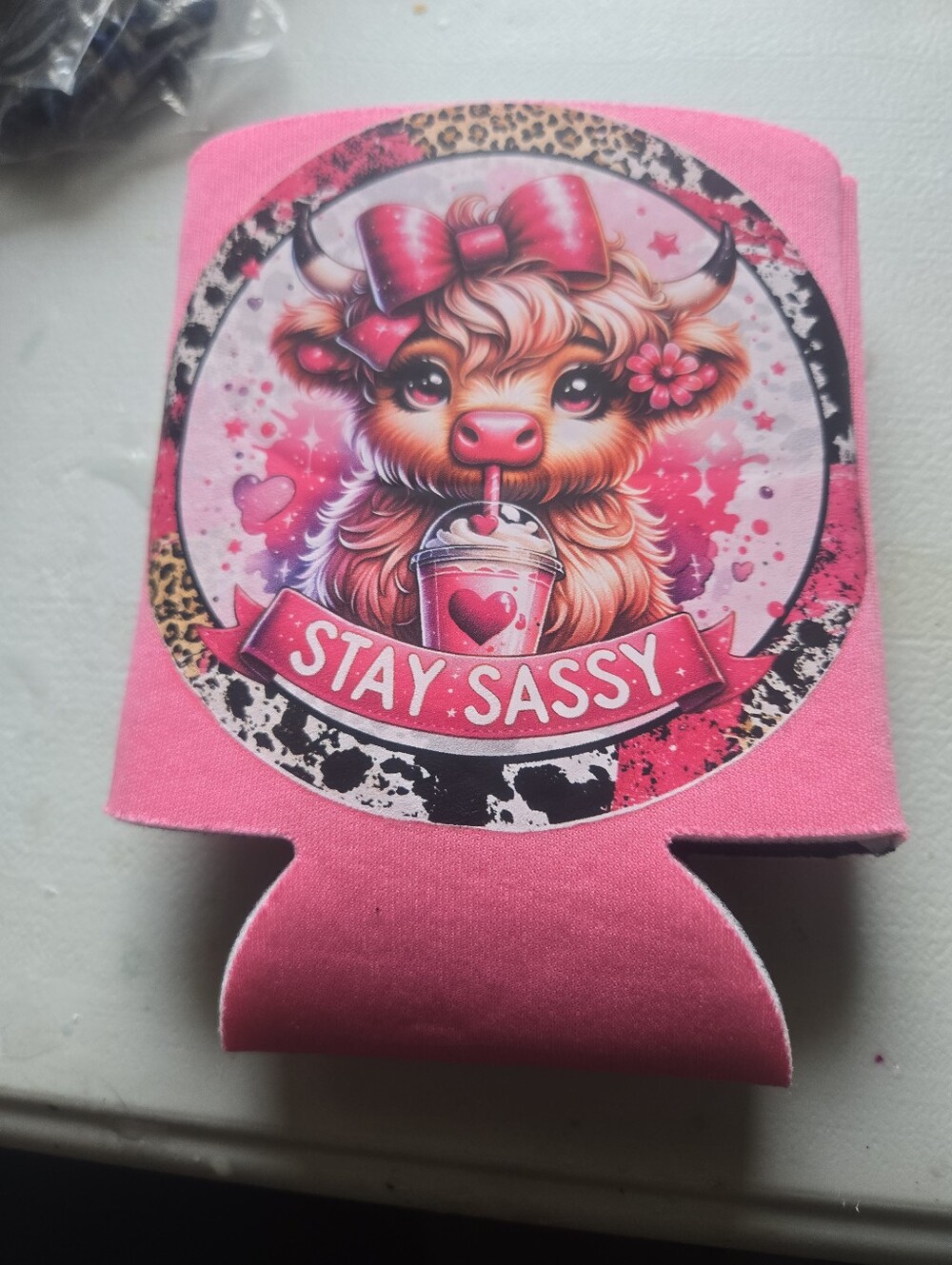Sassy Cow Can Cooler Handmade Koozie, Pink Leopard Print Sleeve Cute Drink Can02